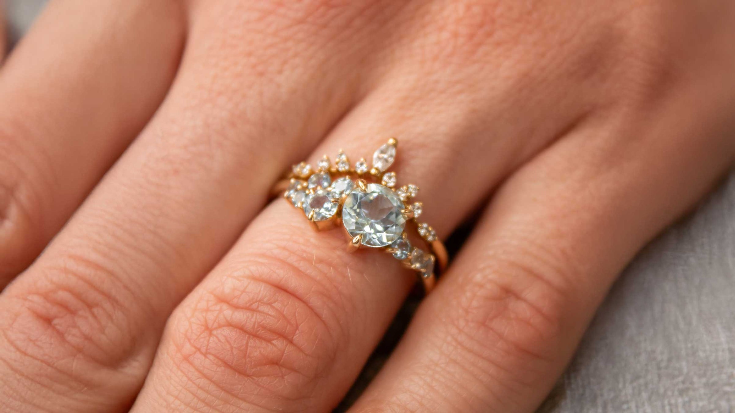 Chloe aquamarine cluster ring with curved wedding ring | Lisa Robin