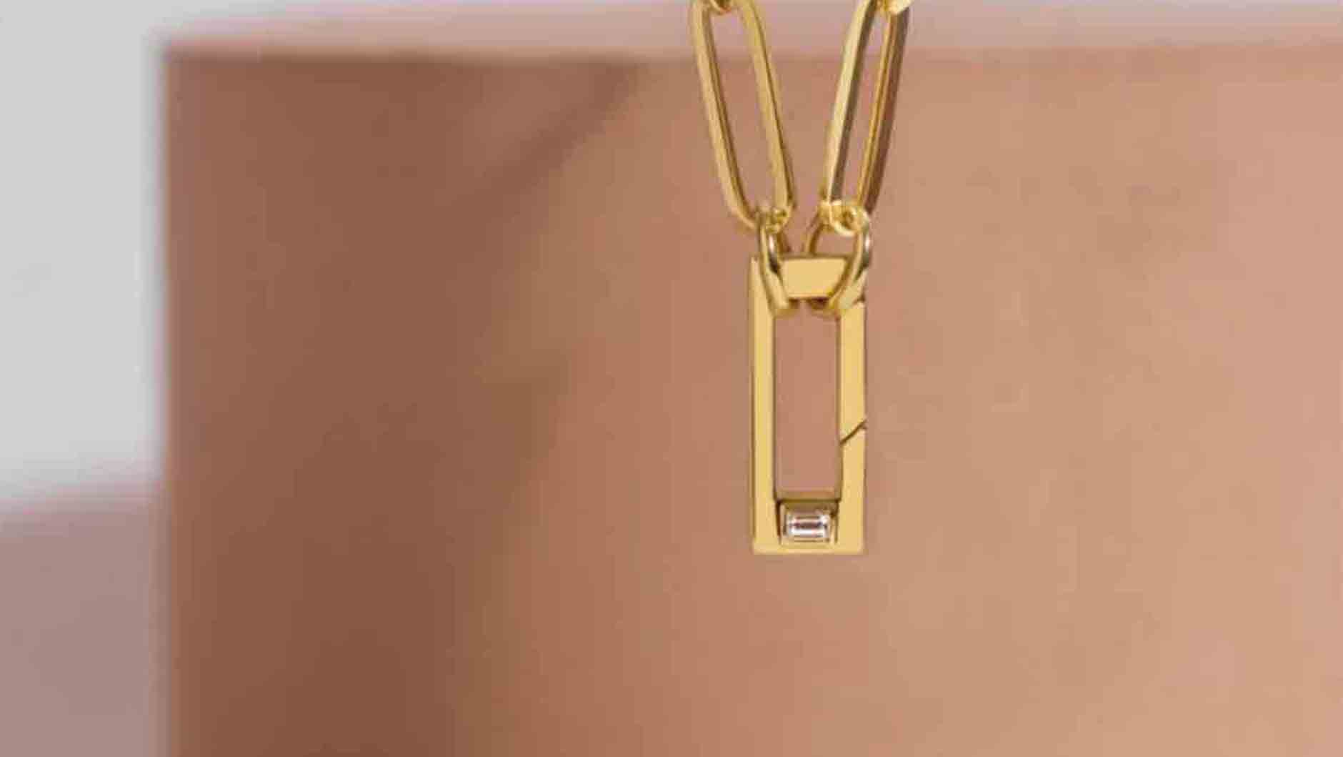 14K Yellow Gold Diamond Accent Pad Lock Push Lock Rolo Split Chain Necklace