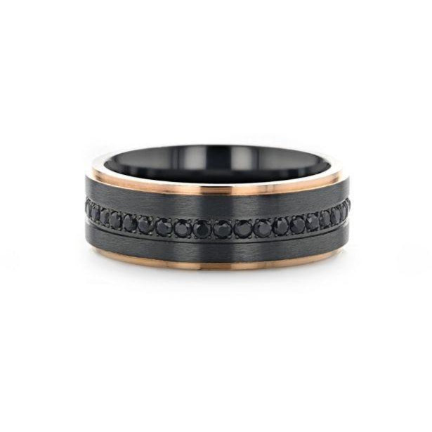 ASTRO Flat Brushed Black Titanium Ring with Rose Gold Plated Edge and Black Sapphire Settings All Around - 8mm