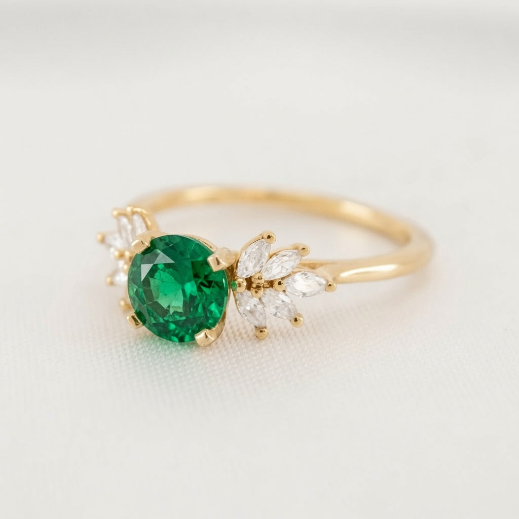 Shown in 2 Carat Emerald*The Anna emerald and cluster diamond Engagement Ring with round cut in yellow gold from front angle by Lisa Robin#color_14k_yellow_gold