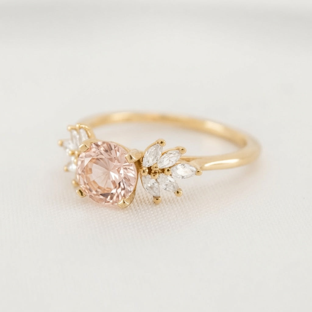 Shown in 2 Carat Morganite*The Anna morganite and cluster diamond Engagement Ring with round cut in yellow gold from front angle by Lisa Robin#color_14k_yellow_gold