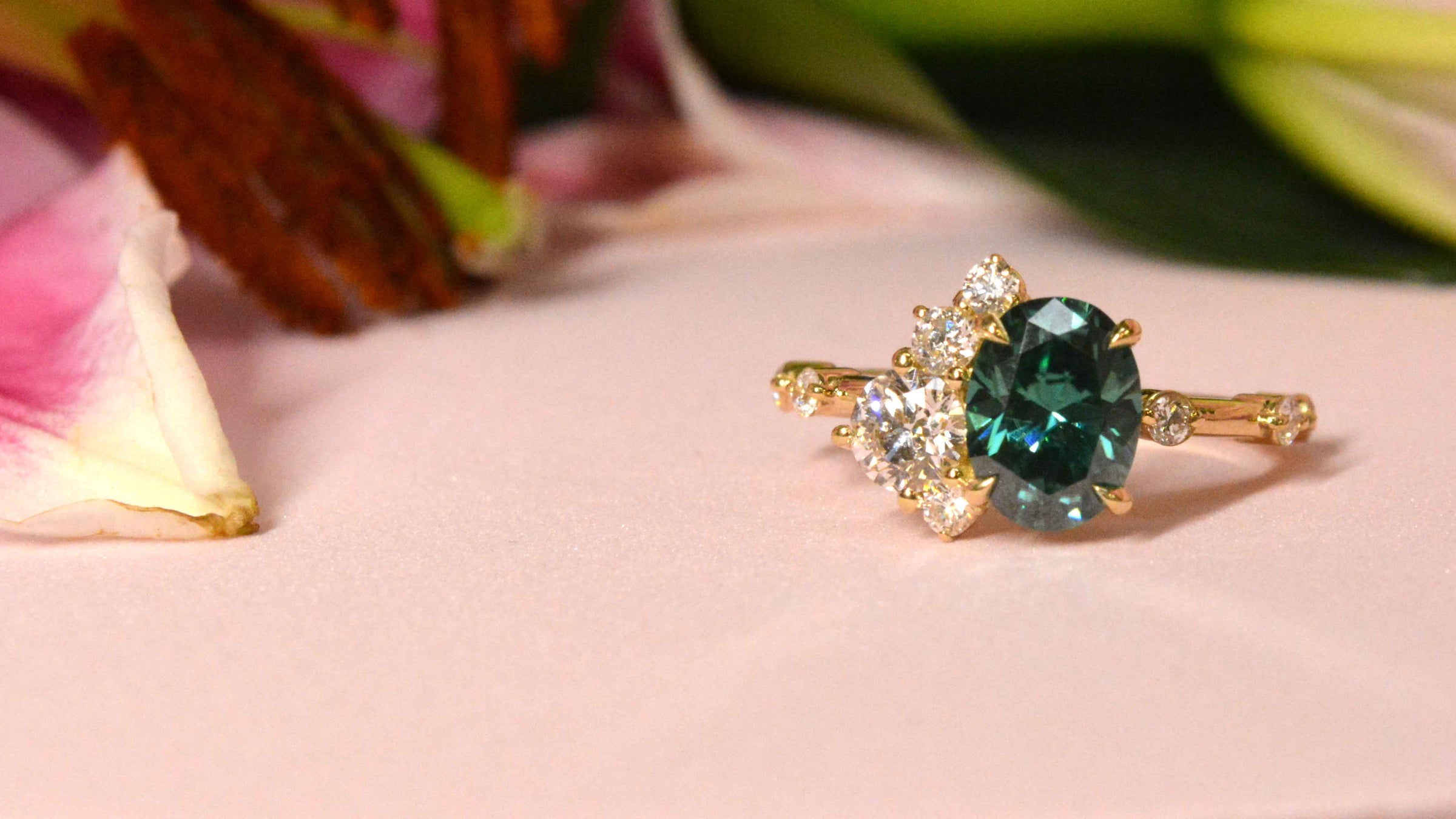 Custom aleternative engagement ring with diamonds and teal moissanite | Lisa Robin