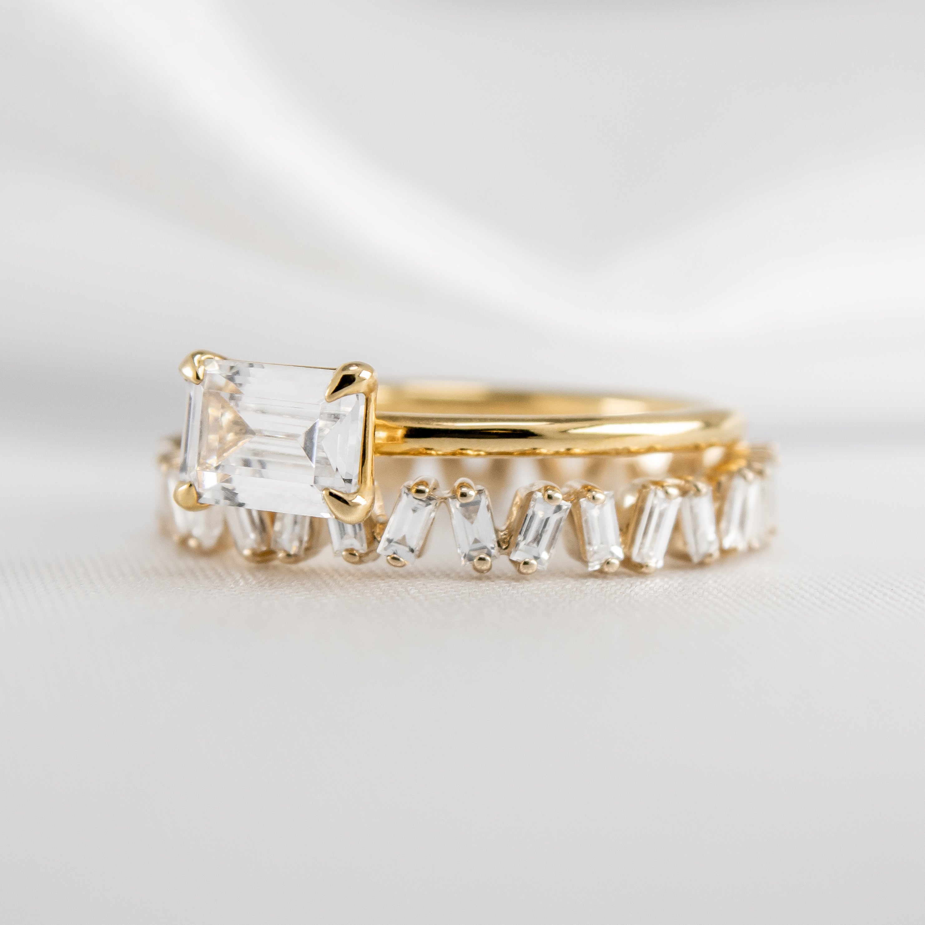 The Mia East West Emerald Engagement Ring with the Blaine Baguette Wedding Ring | Lisa Robin