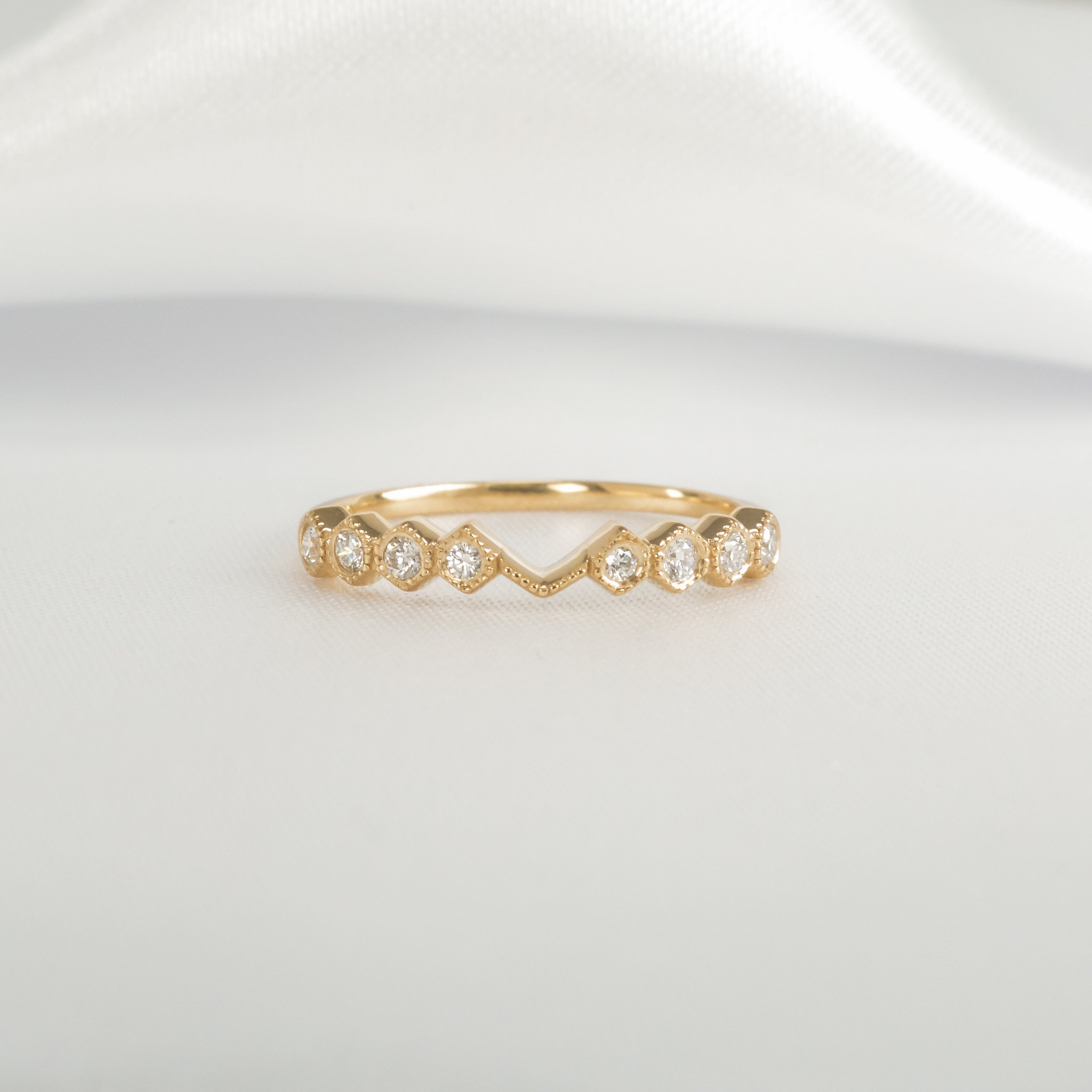 The Cordelia Hexagon Diamond Wedding Ring in 14K yellow gold from front by Lisa Robin#color_14k-yellow-gold