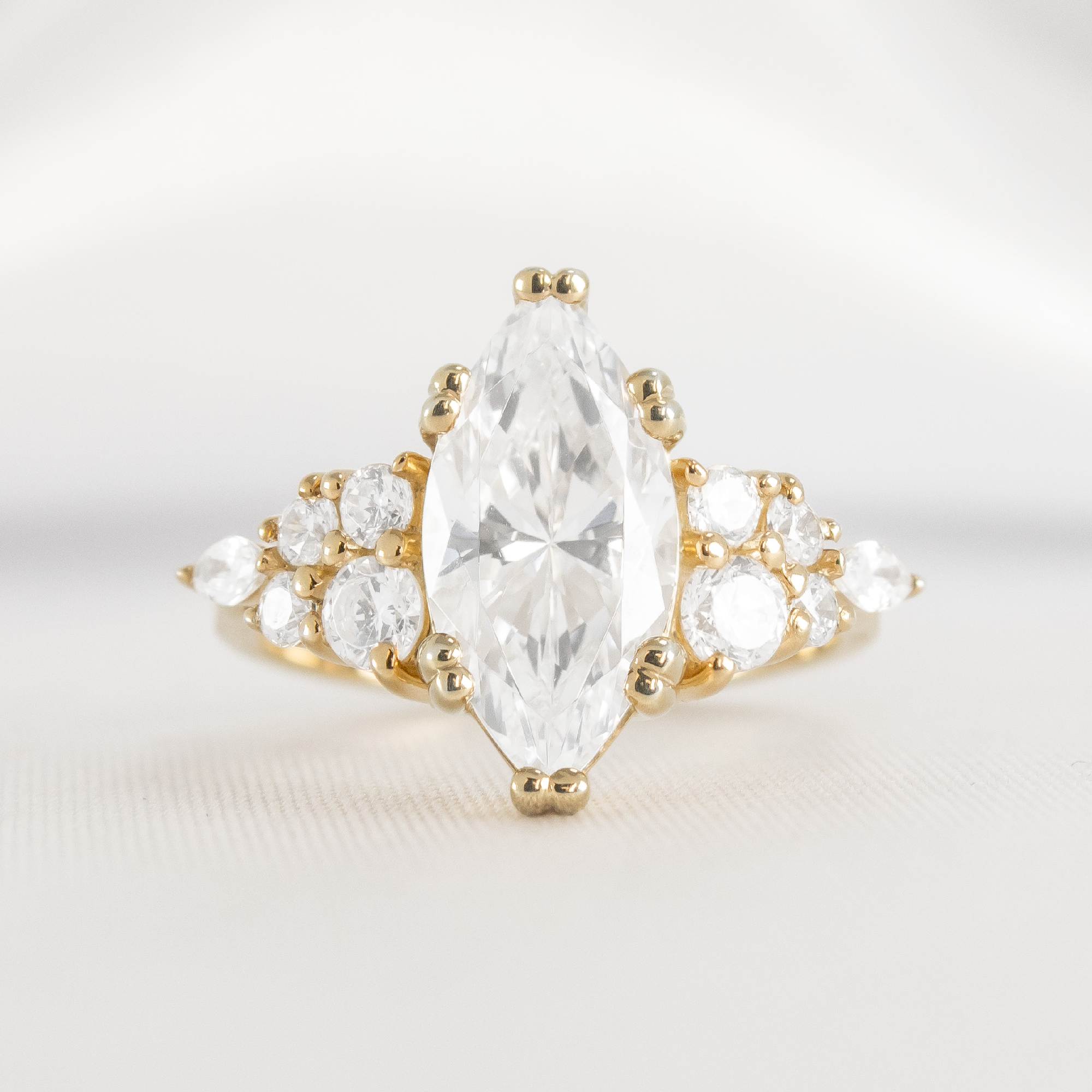 Shown in 2 Carat Diamond*The Dorothy Cluster Double Prong Engagement Ring with marquise cut diamond in yellow gold from front by Lisa Robin#color_14k-yellow-gold