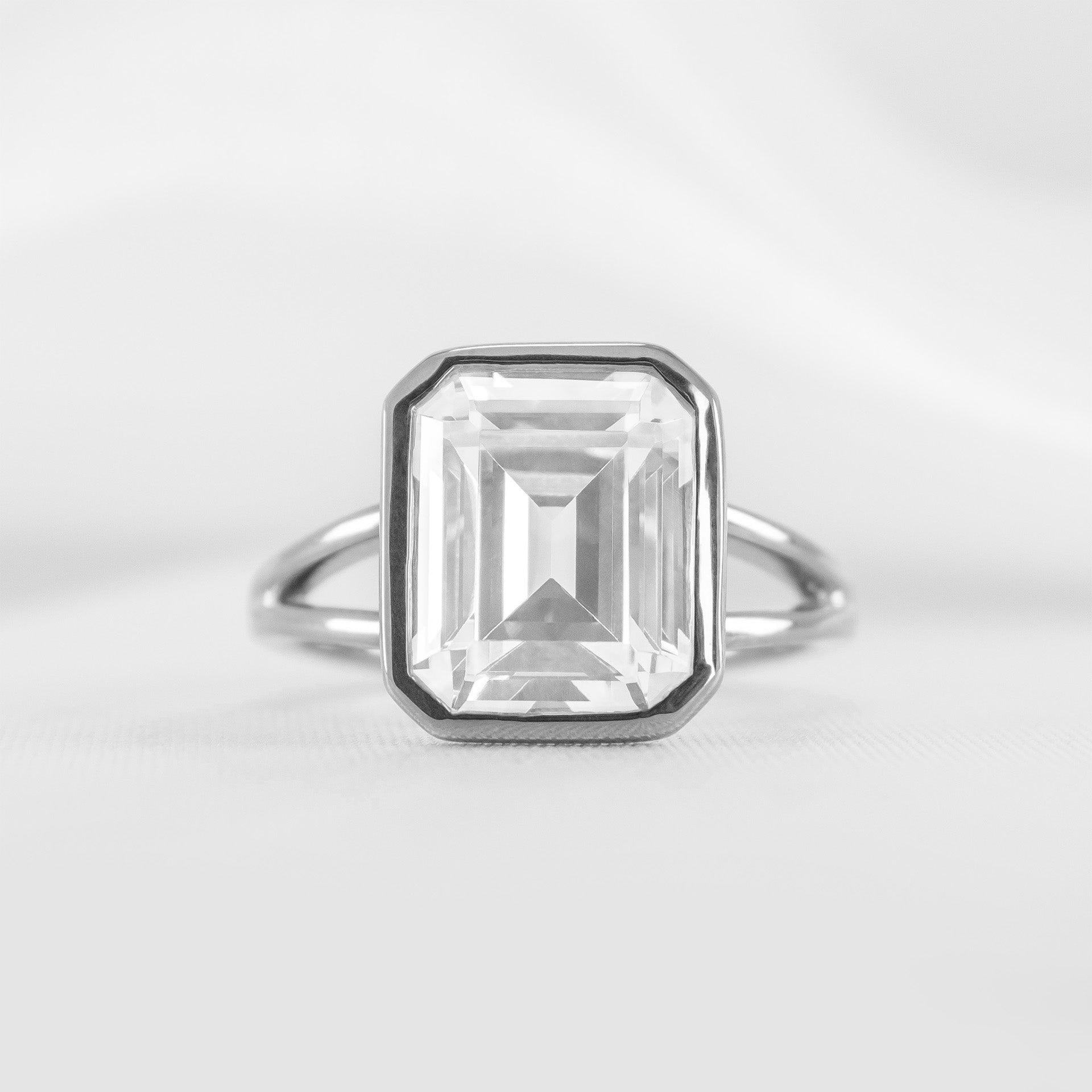 Shown in 4.5 Carat*The Emery Bezel Set Engagement Ring with emerald cut diamond in white gold by Lisa Robin#color_14k-white-gold#shape_emerald