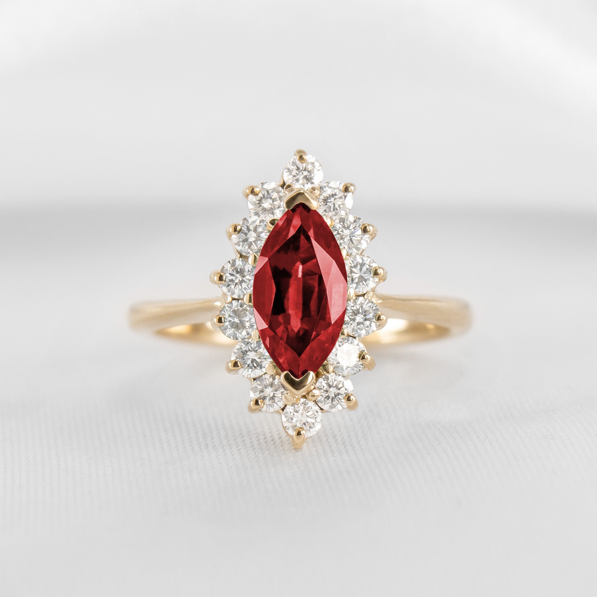 Shown in 1.25 Carat Diamond*The Hadley Ruby Diamond Engagement Ring with marquise cut diamond in yellow gold from front by Lisa Robin#color_14k-yellow-gold