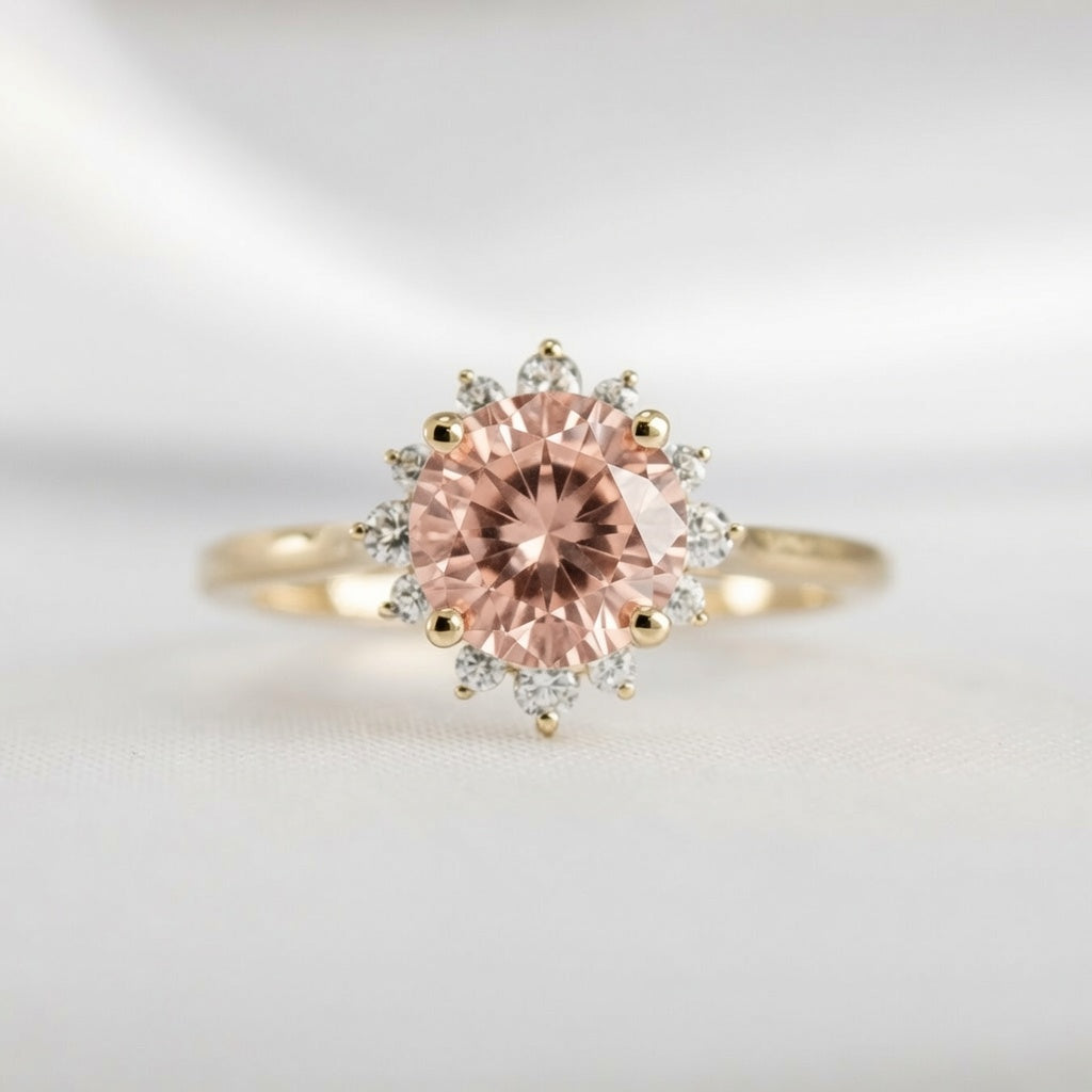 Shown in 1 Carat Morganite*The Jaylin morganite floral halo Diamond Engagement Ring with round cut diamond in yellow gold from front by Lisa Robin#color_14k-yellow-gold