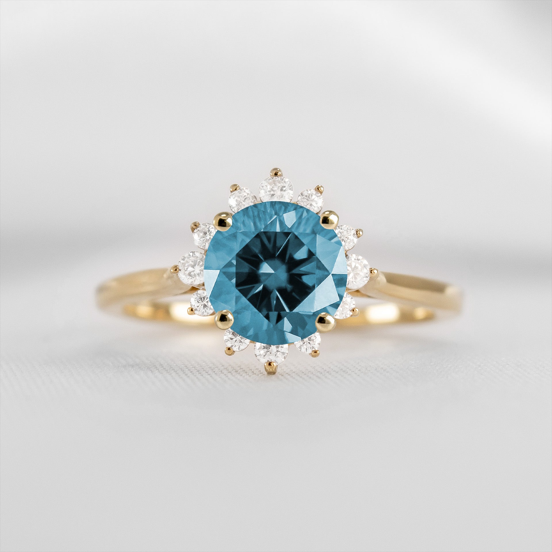 Shown in 1.5 carat Blue Diamond* The Jaylin Blue Diamond Halo Engagement Ring | Lisa Robin#color_14k-yellow-gold