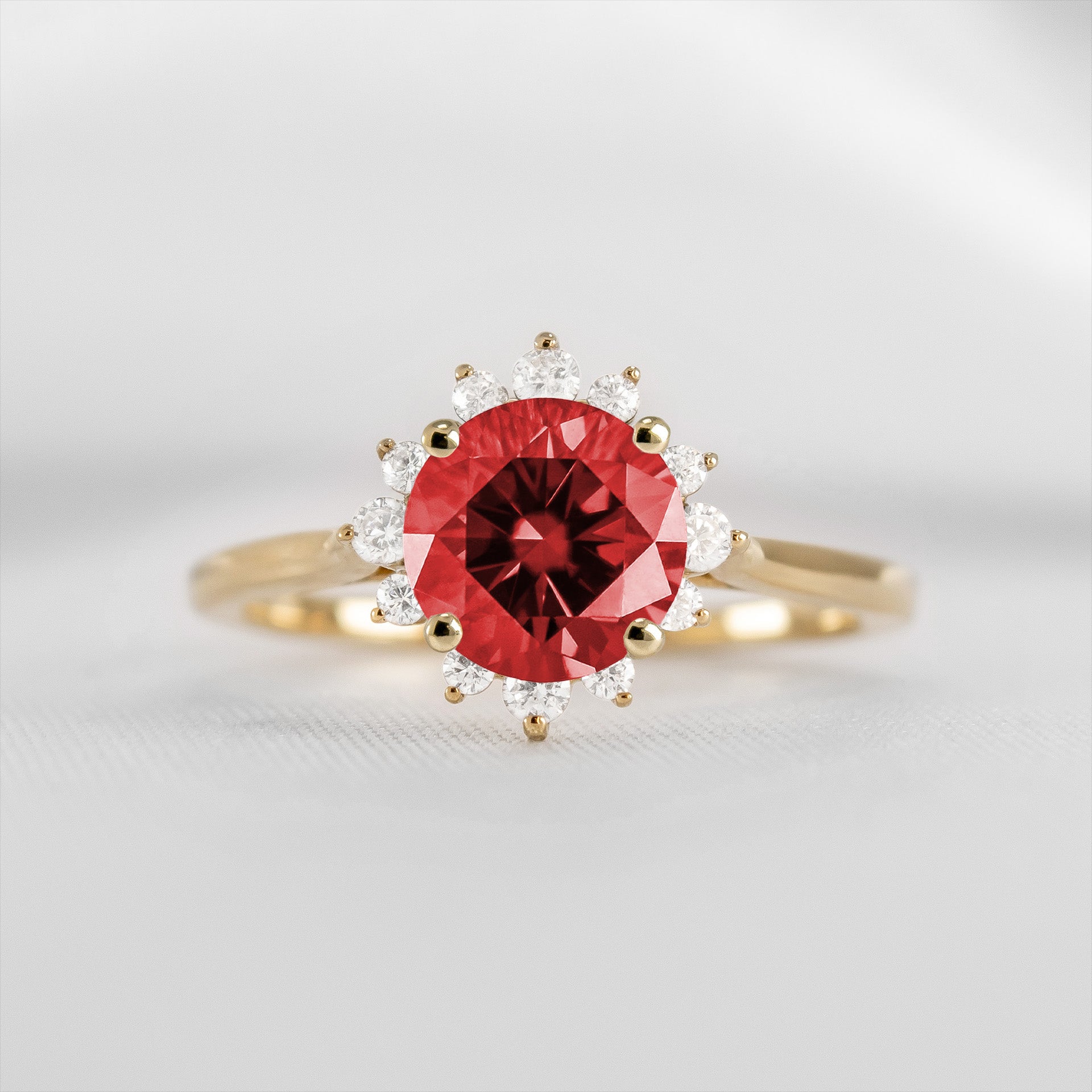 Shown in 1.0 carat Ruby* The Jaylin Ruby and Diamond Halo Engagement Ring | Lisa Robin#color_14k-yellow-gold