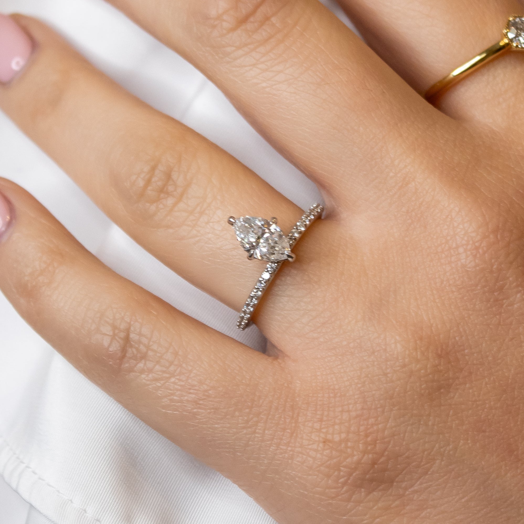 Shown in 1.5 Carat Diamond* The Kingsley Marquise Diamond Engagement Ring on model | Lisa Robin#color_14k-white-gold