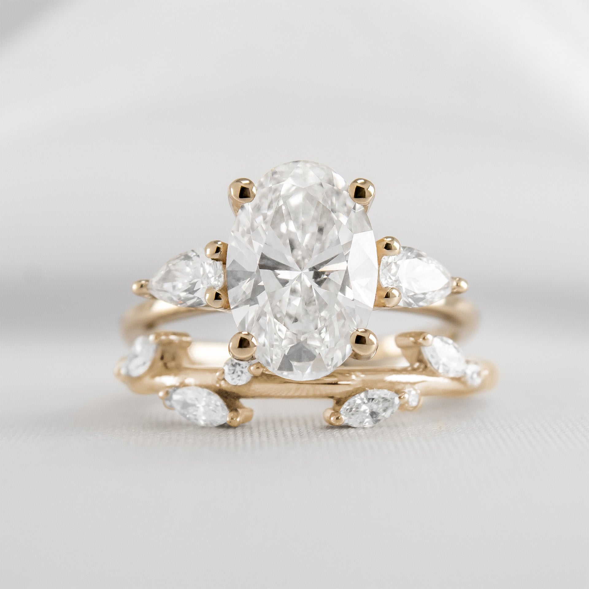 Melayna Three Stone Oval Diamond Engagement Ring with Kaliko Diamond Wedding Ring| Lisa Robin