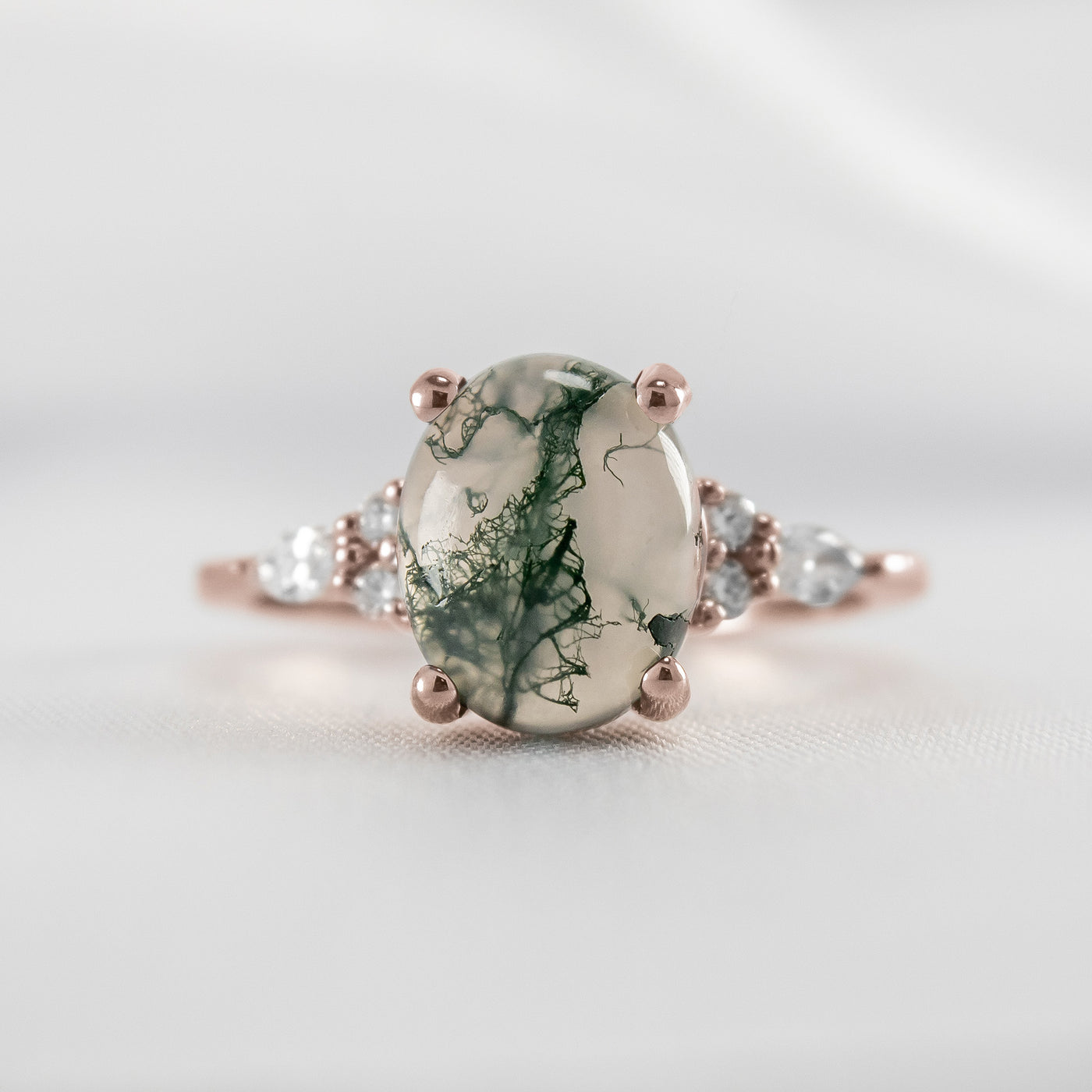 The Sophia Oval Moss Agate Lab Diamond Accented Engagement Ring | Lisa Robin#color_14k-rose-gold