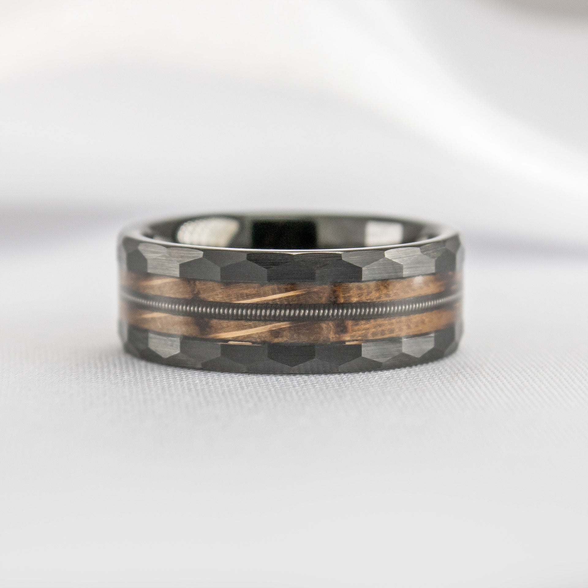 Riff Black Tungsten with Charred Whiskey Barrel and Guitar String Ring - Lisa Robin