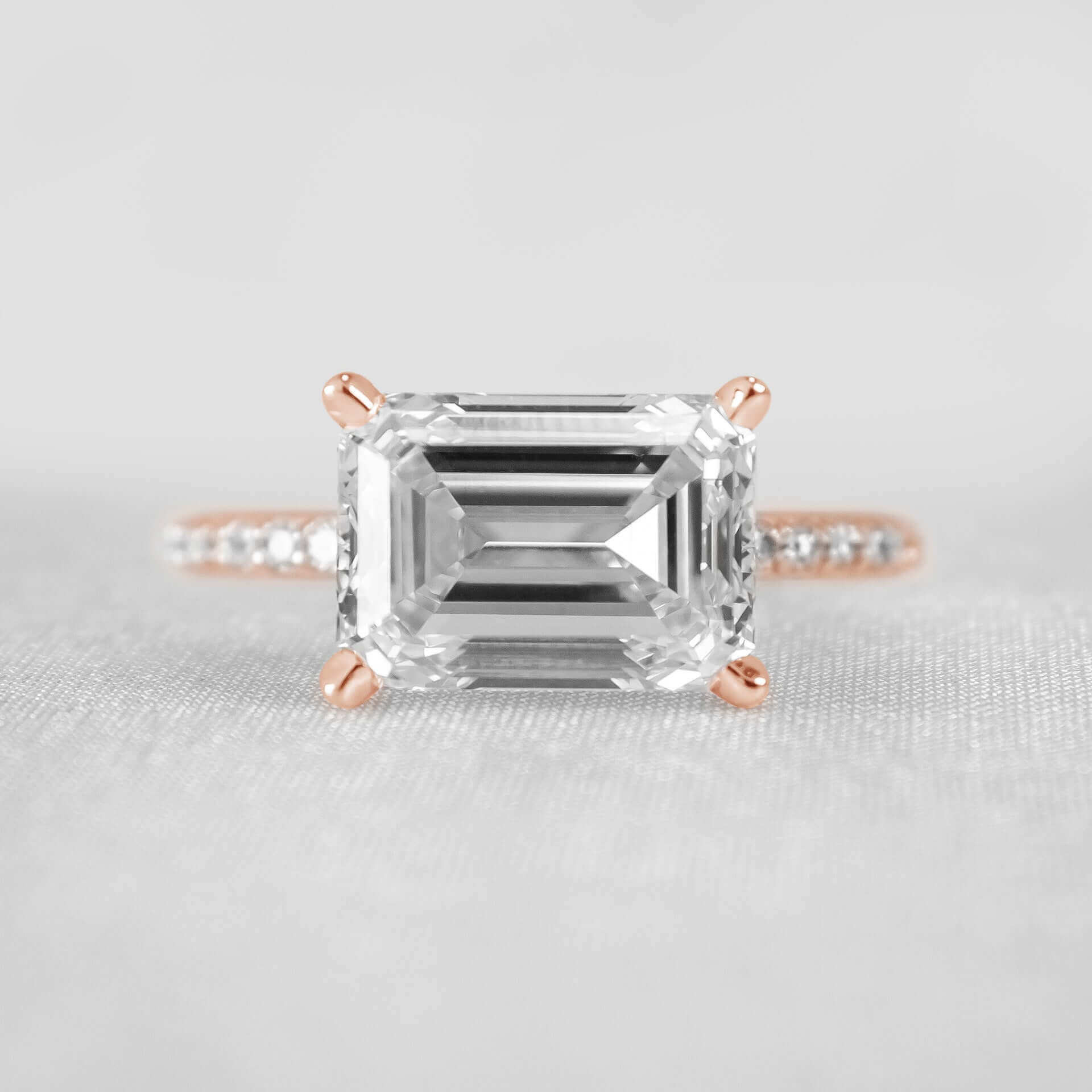 Shown in 4.0 carat * The Adelaide Emerald Cut Diamond East West Pavé Ring | Lisa Robin#color_14k-rose-gold