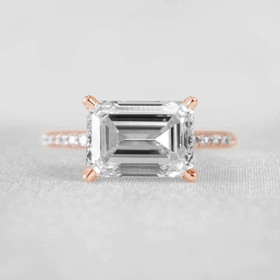 Shown in 4.0 carat * The Adelaide Emerald Cut Diamond East West Pavé Ring | Lisa Robin#color_18k-rose-gold