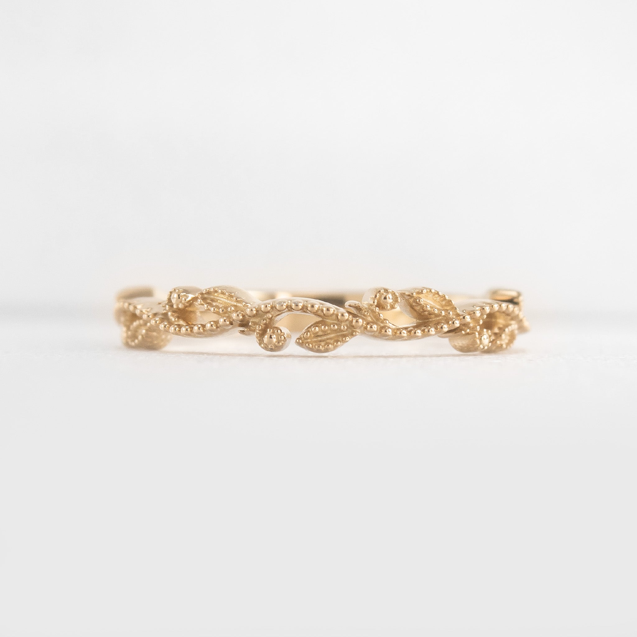 The Willow Milgrain Leaf and Vine Diamond Wedding Ring in 14K yellow gold from front by Lisa Robin#color_14k-yellow-gold