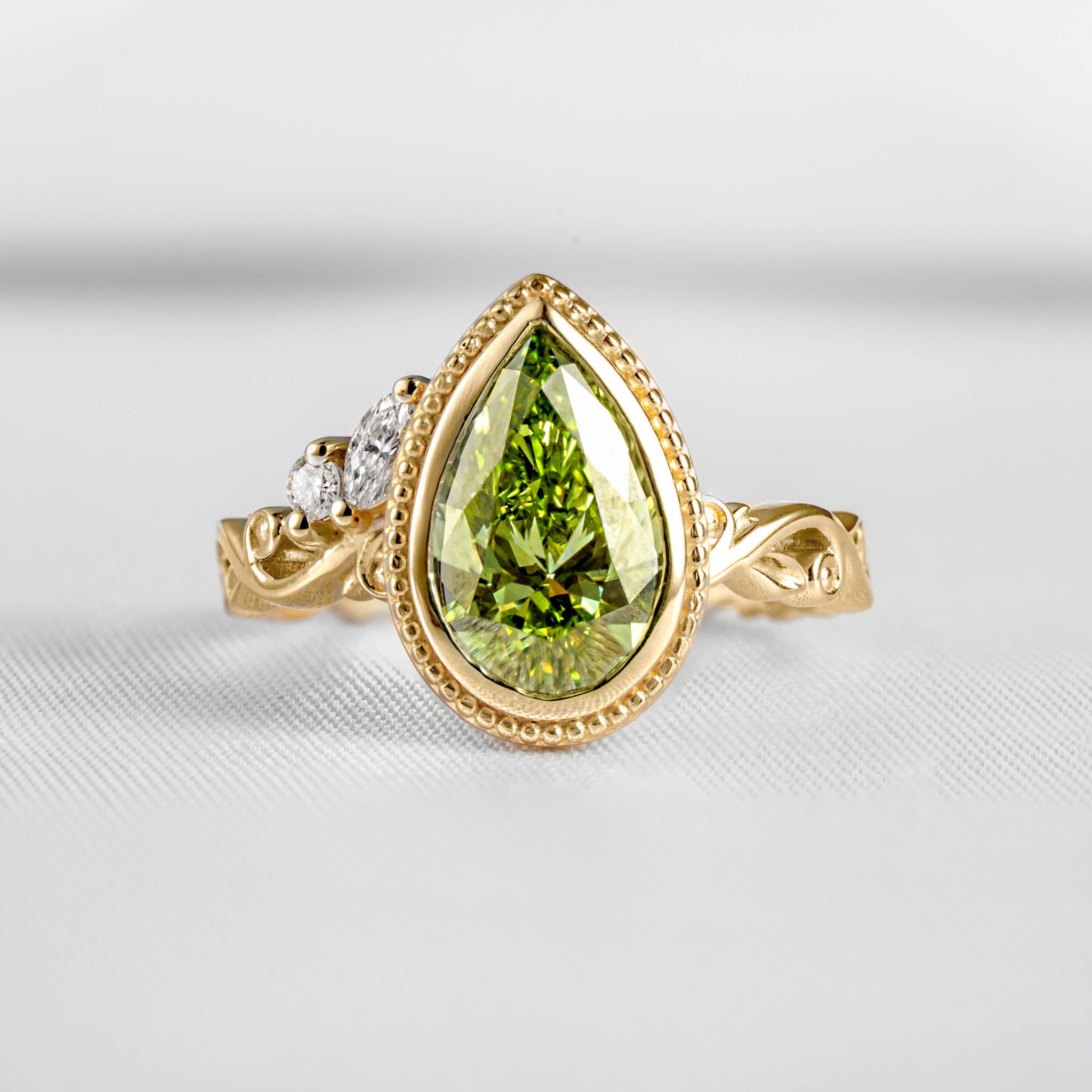 Fable victorian style bezel engagement ring with 2.0 carat green pear diamond in yellow gold | Lisa Robin