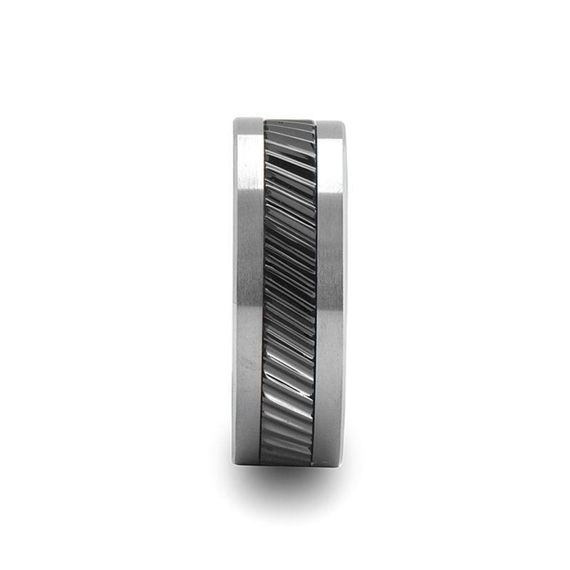 Helix Gear Teeth Pattern Black Ceramic and Tungsten Ring - Lisa Robin