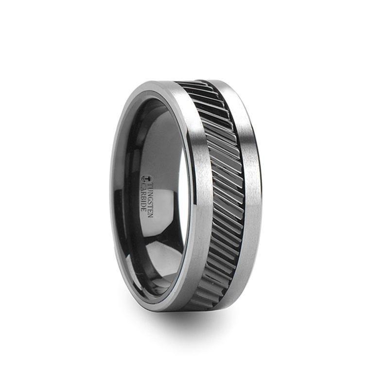 Helix Gear Teeth Pattern Black Ceramic and Tungsten Ring - Lisa Robin