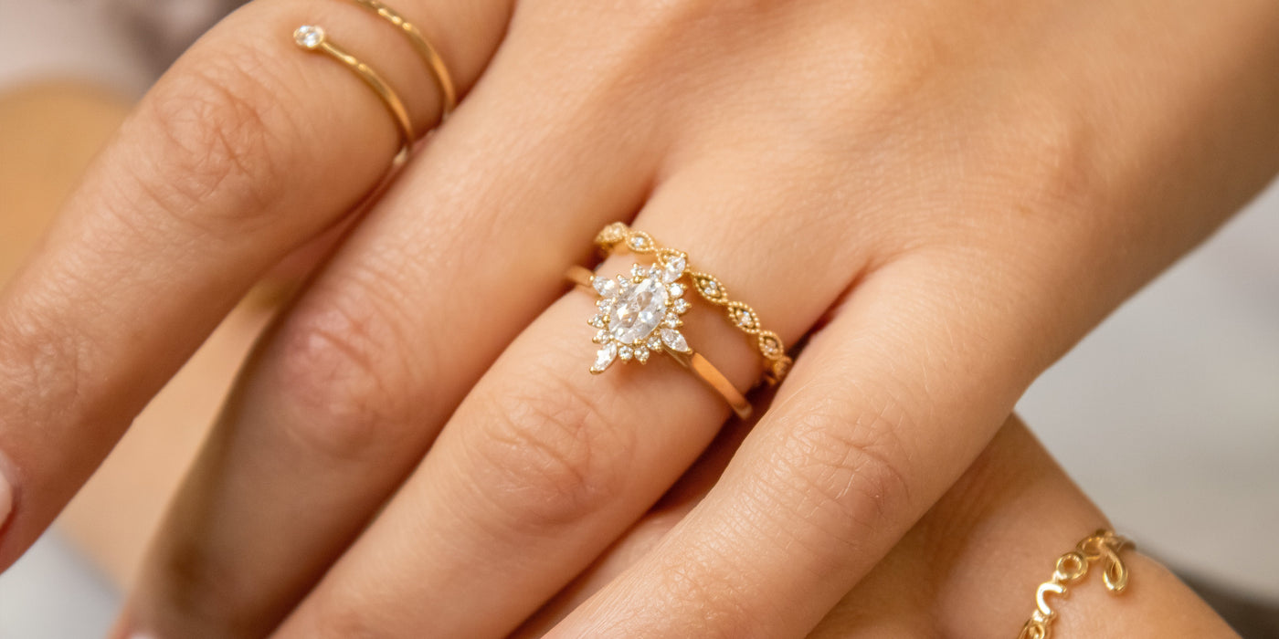 Revel Engagement ring and wedding ring on model | Lisa Robin