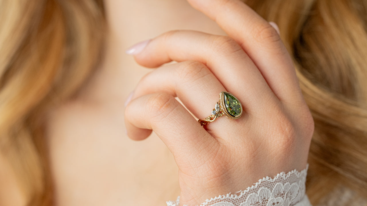 Fable Green Diamond Engagement Ring with Diamond Pair on Model