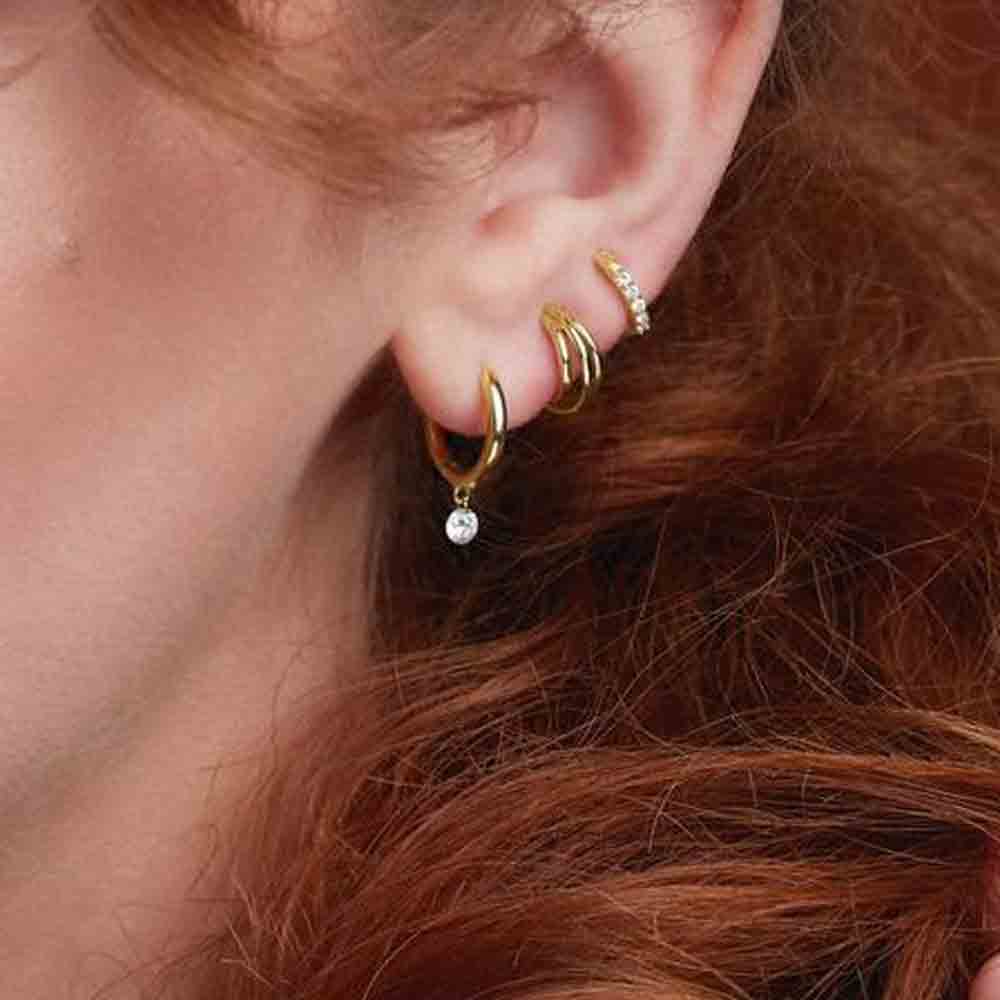 Huggie Hoops with Drilled Round Diamond Dangle | Lisa Robin#color_14k-yellow-gold