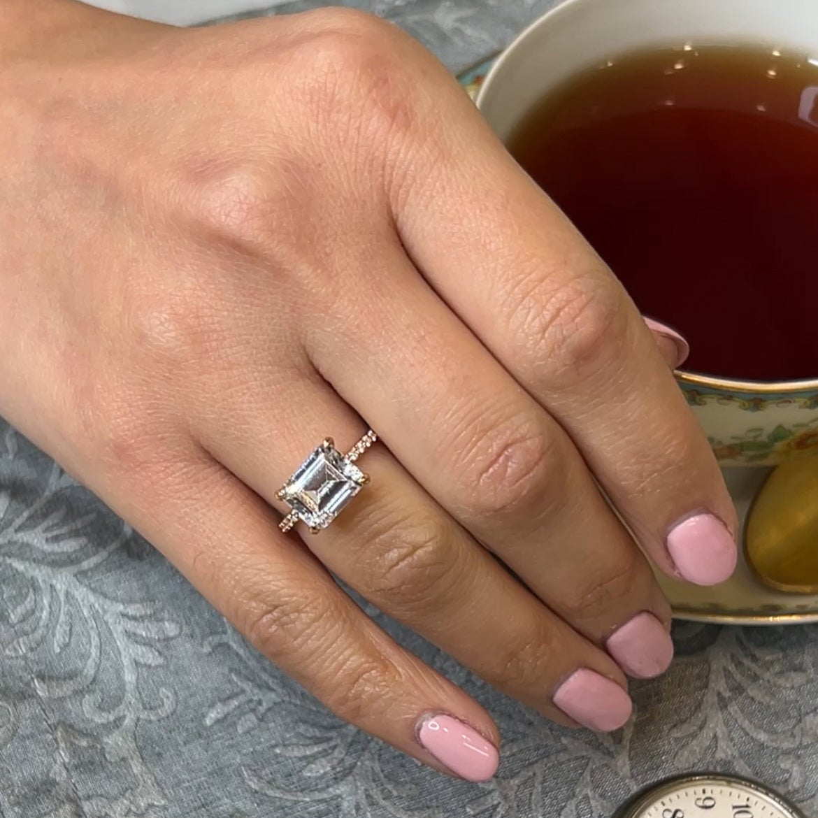 Shown in 4.0 carat * The Adelaide Emerald Cut Diamond East West Pavé Ring | Lisa Robin#color_14k-rose-gold