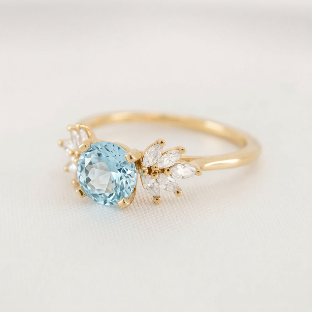 Shown in 2 Carat Aquamarine*The Anna Aquamarine cluster diamond Engagement Ring with round cut in yellow gold from front angle by Lisa Robin#color_14k-yellow-gold