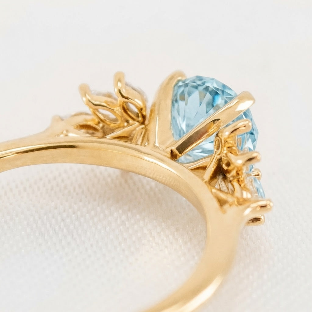 Shown in 2 Carat Aquamarine*The Anna Aquamarine cluster diamond Engagement Ring with round cut in yellow gold from top back by Lisa Robin#color_14k-yellow-gold