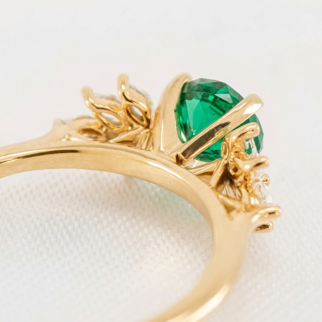 Shown in 2 Carat Emerald*The Anna emerald and cluster diamond Engagement Ring with round cut in yellow gold from back top by Lisa Robin#color_14k_yellow_gold