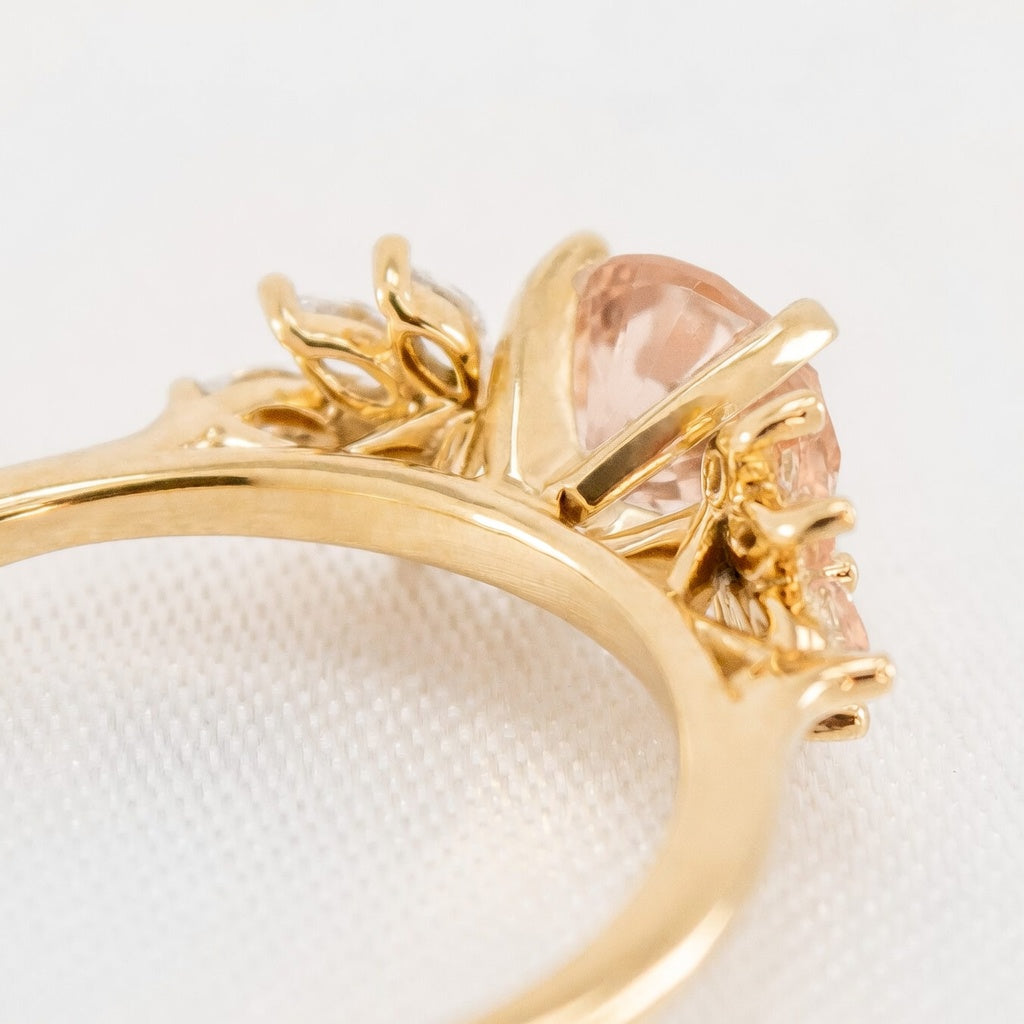 Shown in 2 Carat Morganite*The Anna morganite and cluster diamond Engagement Ring with round cut in yellow gold from top back view by Lisa Robin#color_14k_yellow_gold