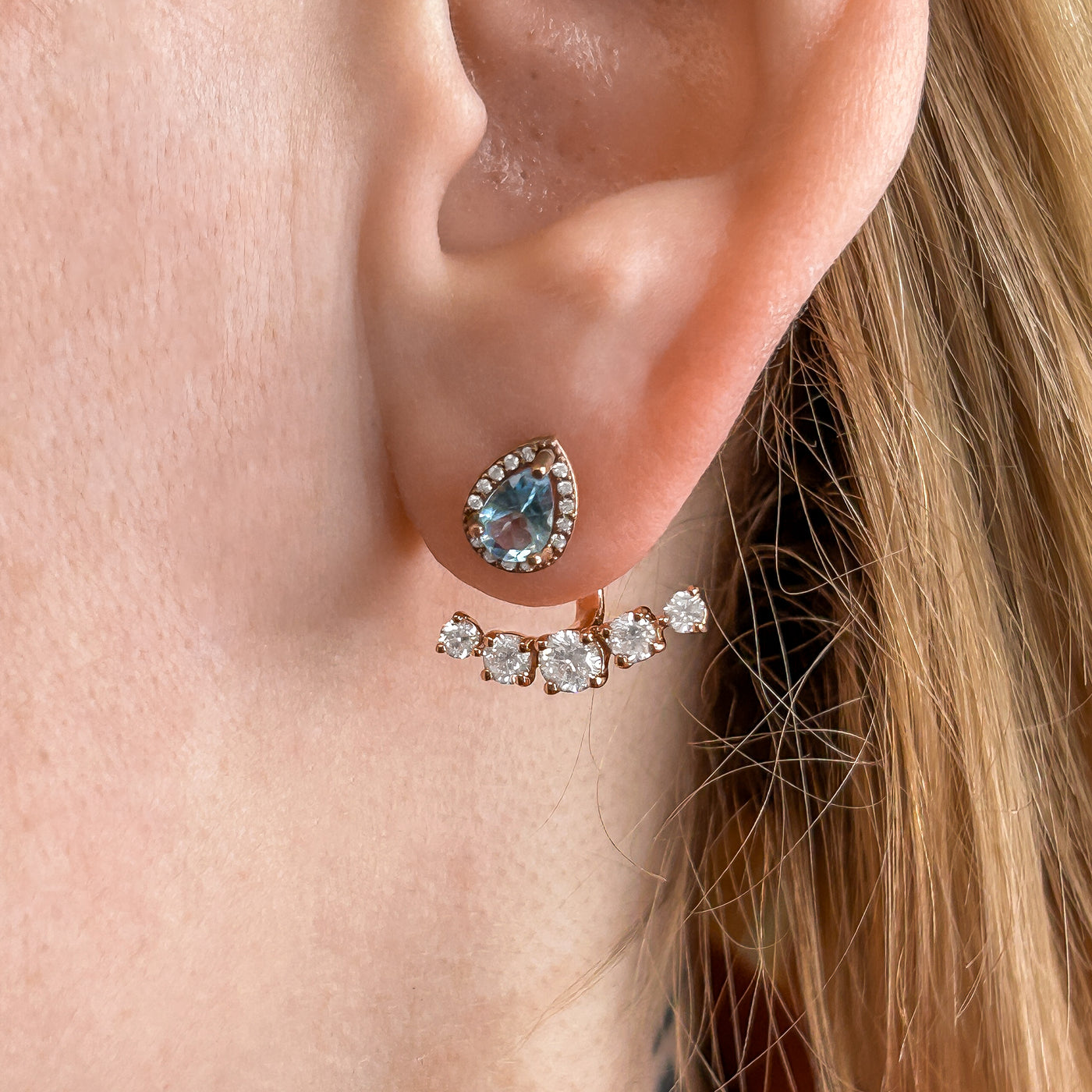 Aquamarine Ear Studs with Diamond Earring Jackets