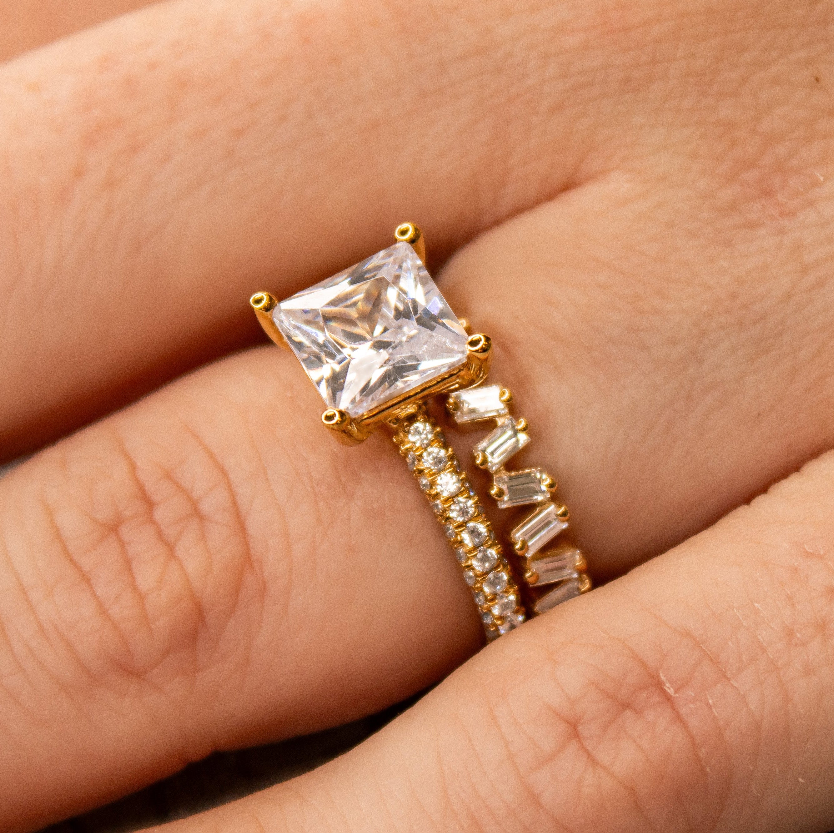 Shown in 1 Carat Diamond*The Ari Pavé Engagement Ring with princess cut diamond in yellow gold on model hand by Lisa Robin#color_14k-yellow-gold