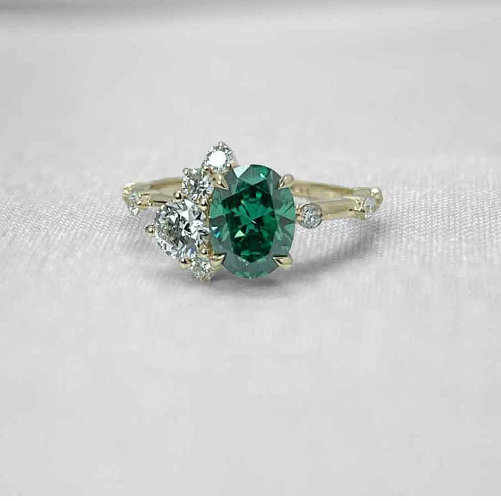 Teal Moissanite and Diamond Cluster Custom Engagement Ring in Yellow Gold | Lisa Robin