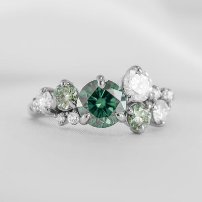 The Chloe Emerald Center and Diamond and Emerald Accent Cluster Engagement Ring | Lisa Robin