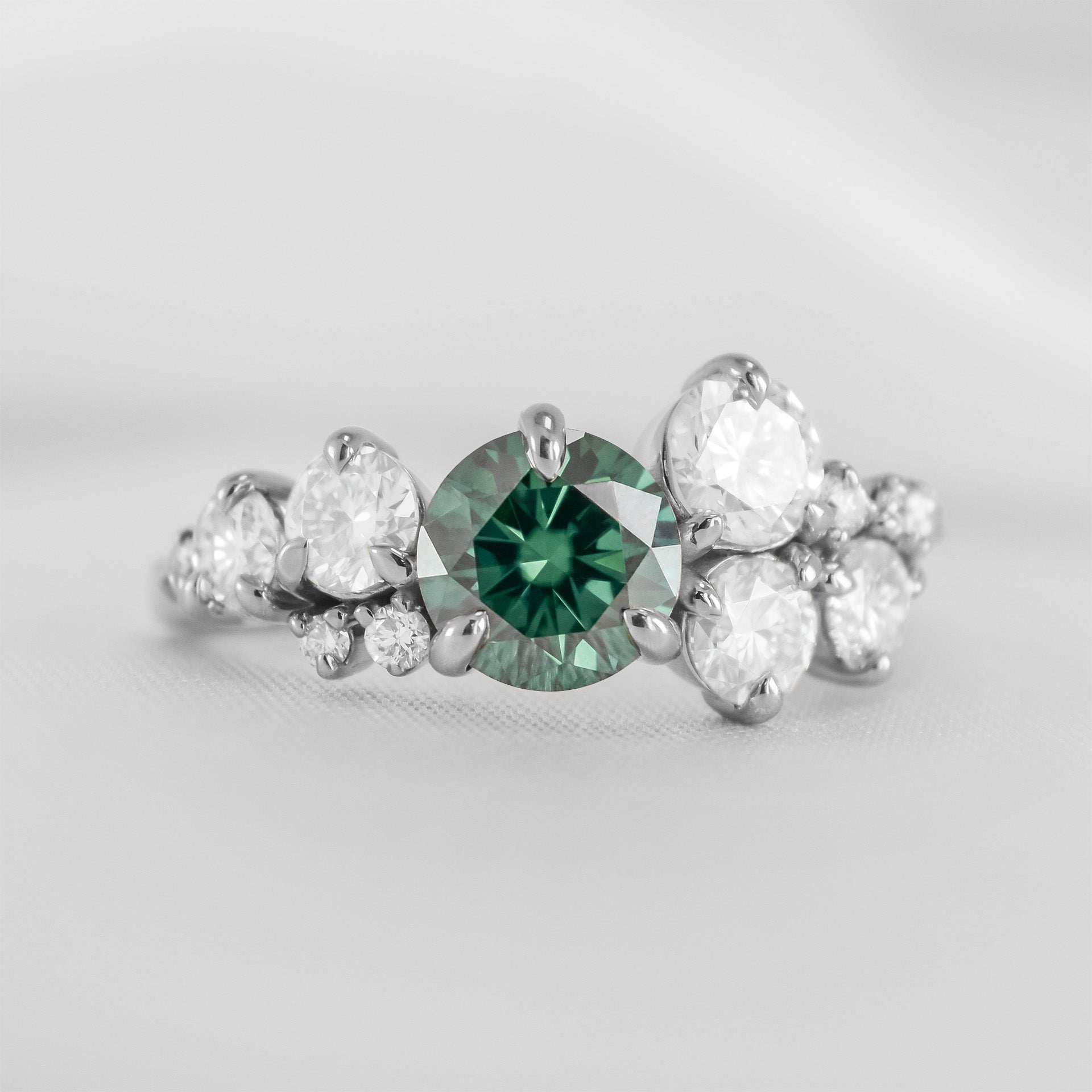 Shown in 1.0 Carat Emerald*The Chloe cluster emerald and Diamond engagement ring with round cut in 14K white gold from front by Lisa Robin#color_14k-white-gold