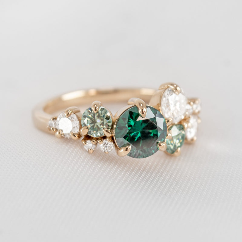 The Chloe Emerald Center and Diamond and Emerald Accent Cluster Engagement Ring | Lisa Robin