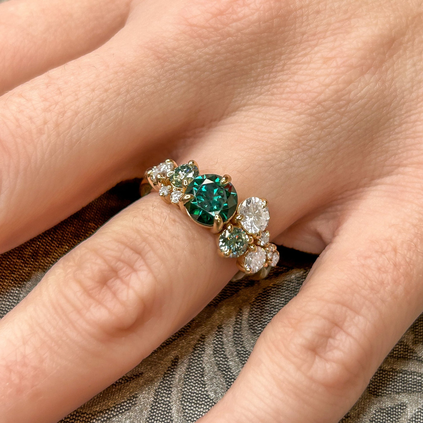 The Chloe Emerald Center and Diamond and Emerald Accent Cluster Engagement Ring | Lisa Robin