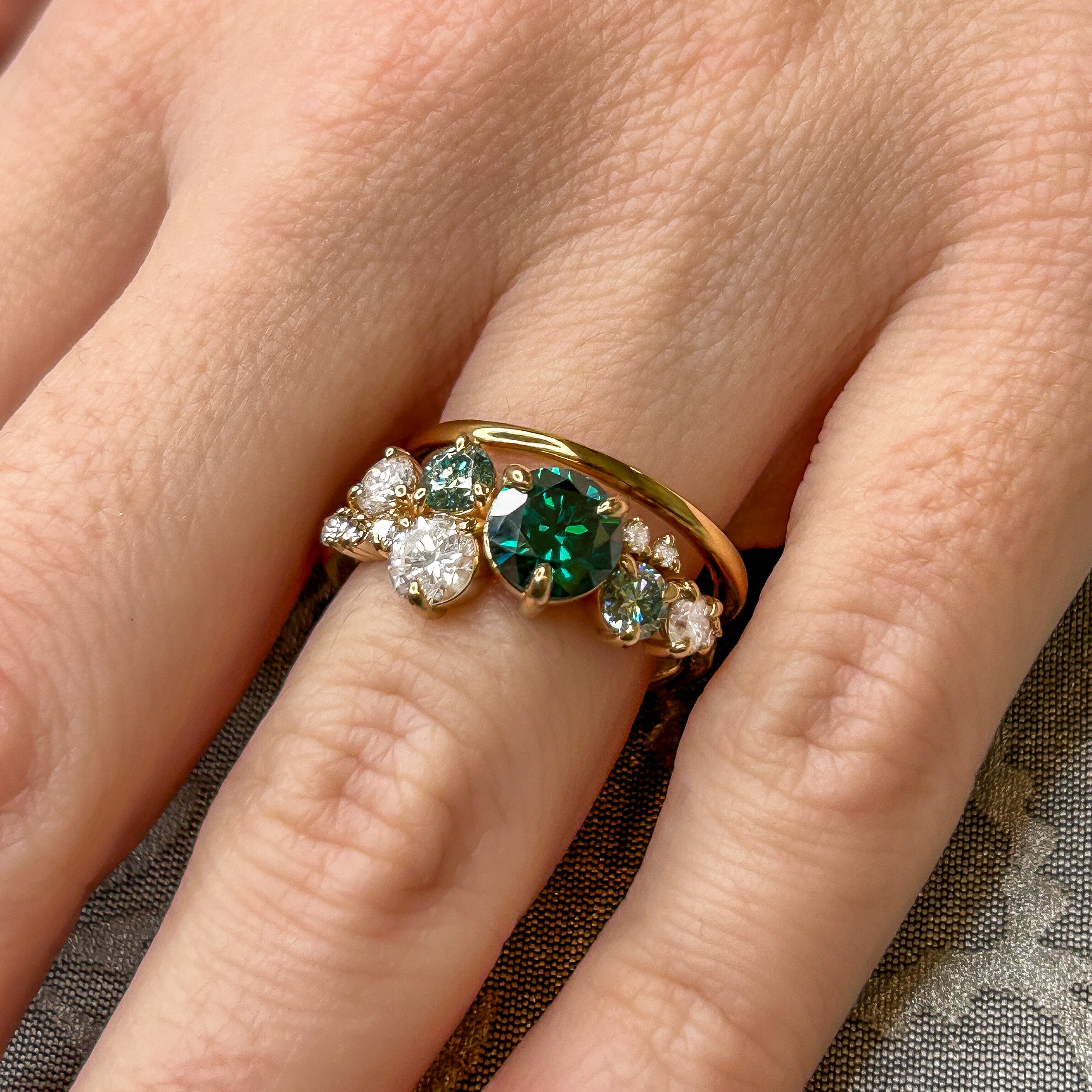 Chloe in Green Emerald and diamond with Jamie or Tanner 2mm gold wedding ring | Lisa Robin 