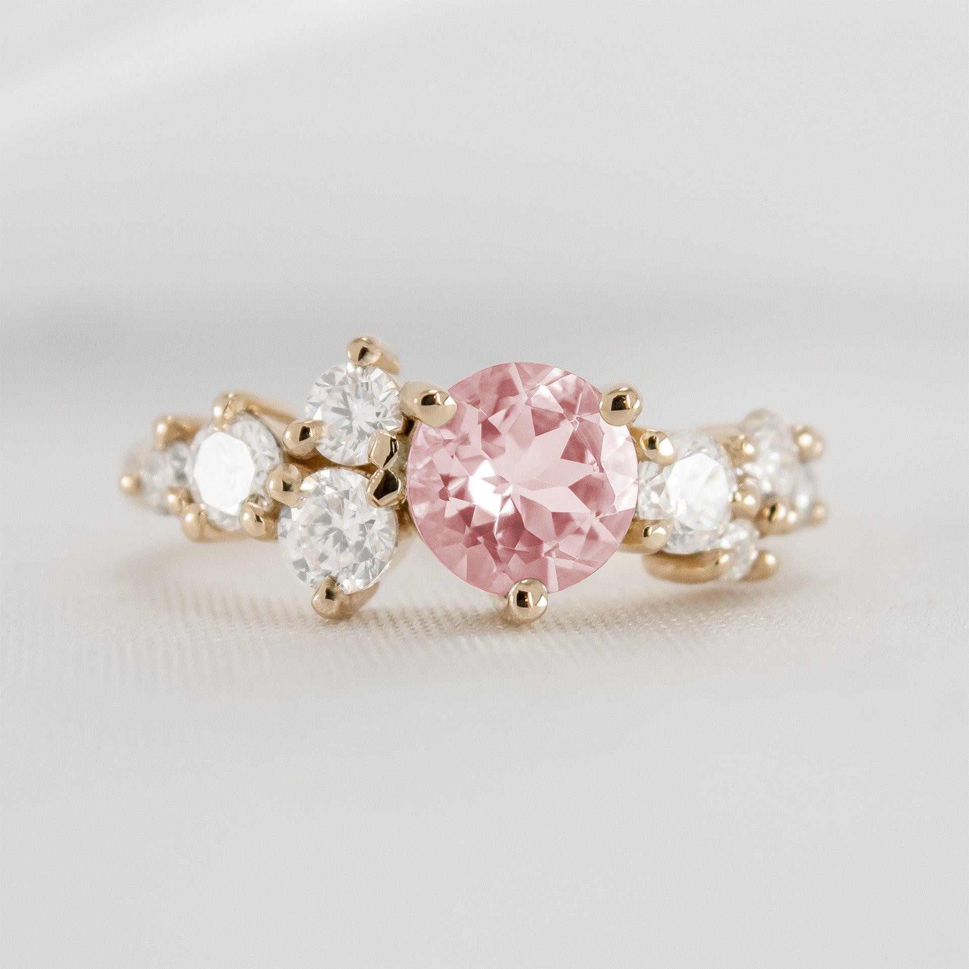 Shown in 1.0 Carat*The Chloe cluster Morganite diamond and pink Diamond engagement ring with round cut in 14K yellow gold from front by Lisa Robin#color_14k-yellow-gold