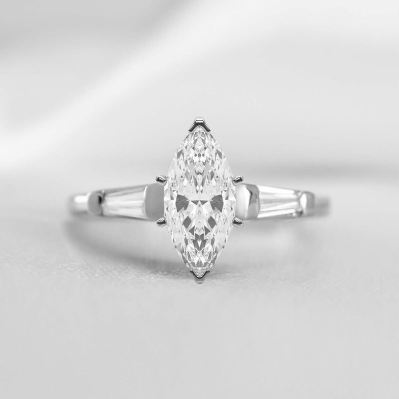 Shown in 1.0 carat * The Devon Three Stone Engagement Ring with Baguettes