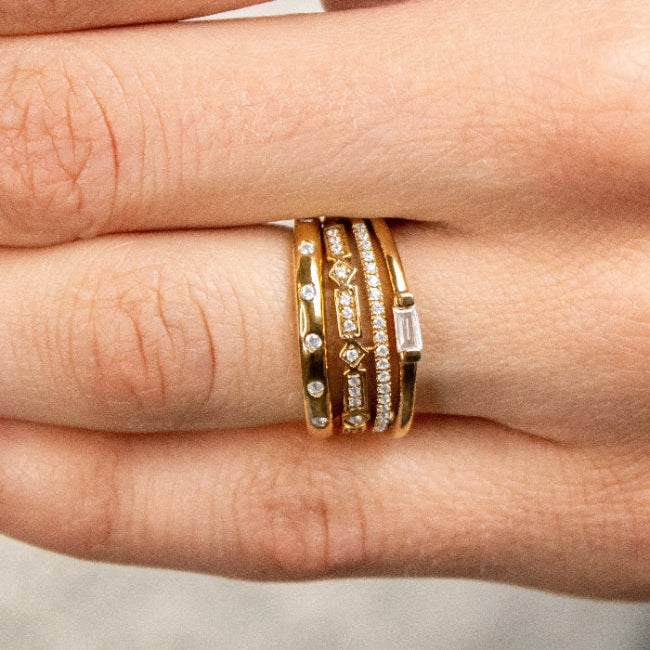 The Ellen Pave Diamond Wedding Ring in 14K yellow gold on model hand by Lisa Robin#color_14k-yellow-gold