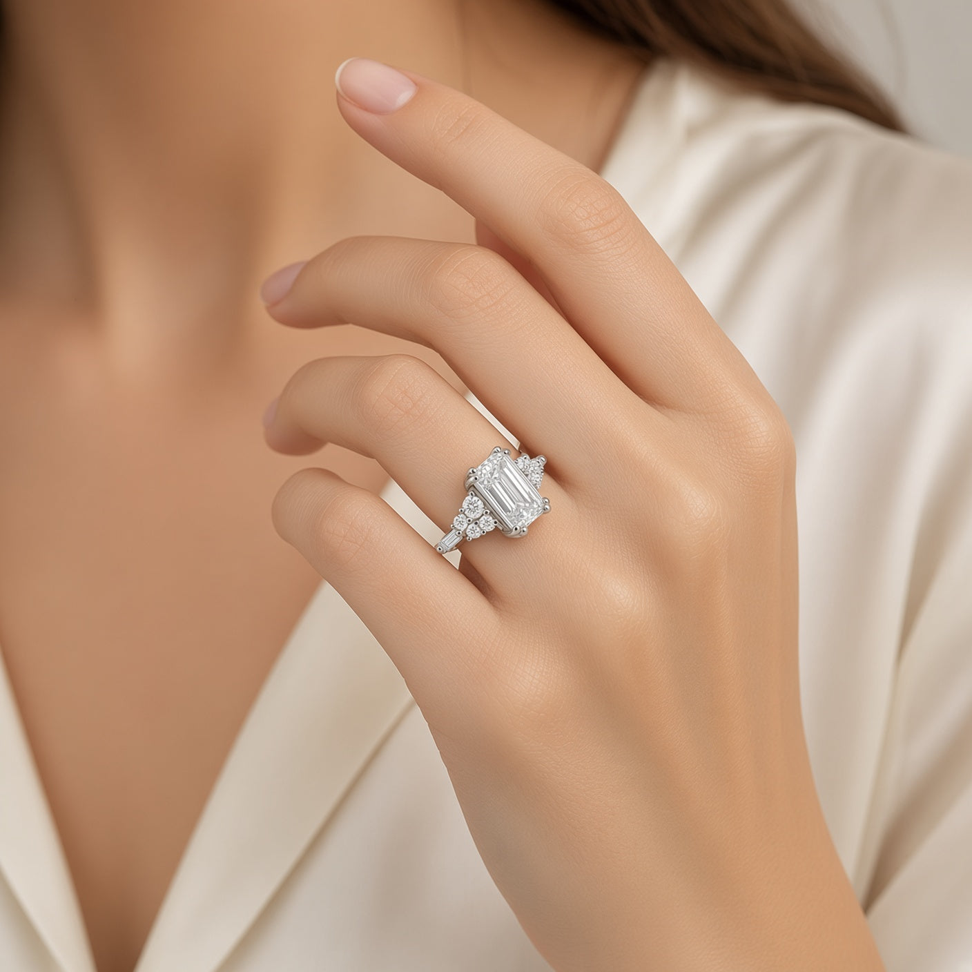 Shown in 5.9 Carat Diamond*The Empire Art Deco Diamond Engagement Ring with emerald cut diamond in platinum on model hand by Lisa Robin#color_platinum