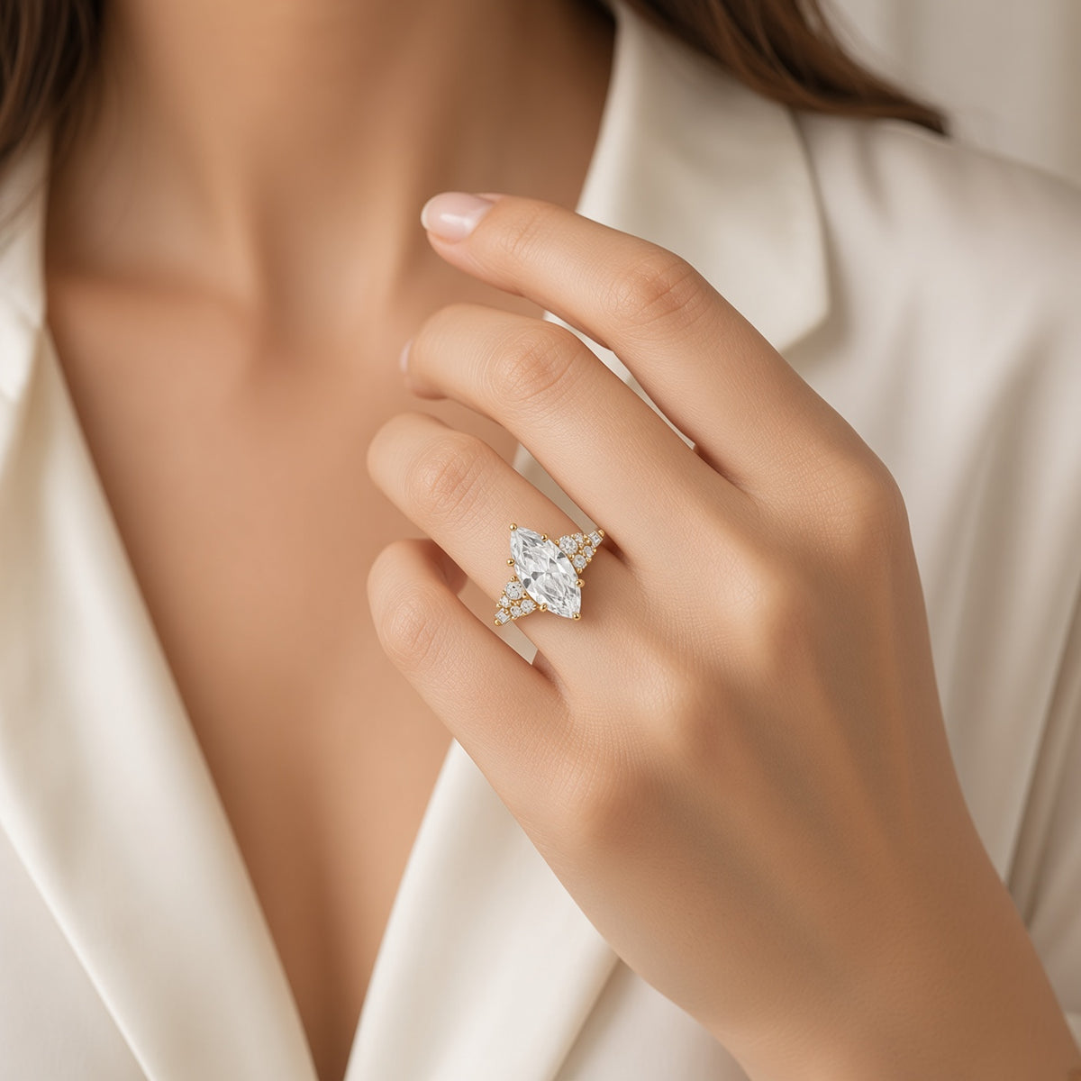 Shown in 5.9 Carat Diamond*The Empire Art Deco Diamond Engagement Ring with marquise cut diamond in platinum on model hand by Lisa Robin#color_platinum