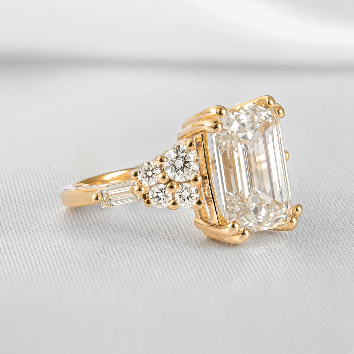 Shown in 5.9 Carat Diamond*The Empire Art Deco Diamond Engagement Ring with emerald cut diamond in yellow gold from front angle by Lisa Robin#color_14k-yellow-gold
