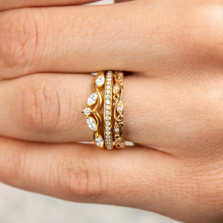 The Macey Pave diamond 14K yellow gold wedding ring on model hand by Lisa Robin#color_14k-yellow-gold