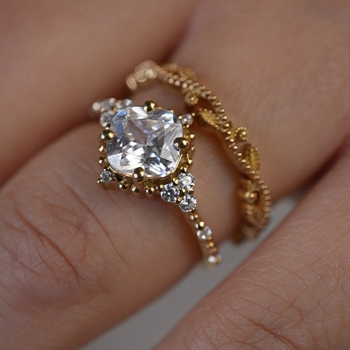 The Willow Milgrain Leaf and Vine Diamond Wedding Ring in 14K yellow gold on model hand by Lisa Robin#color_14k-yellow-gold