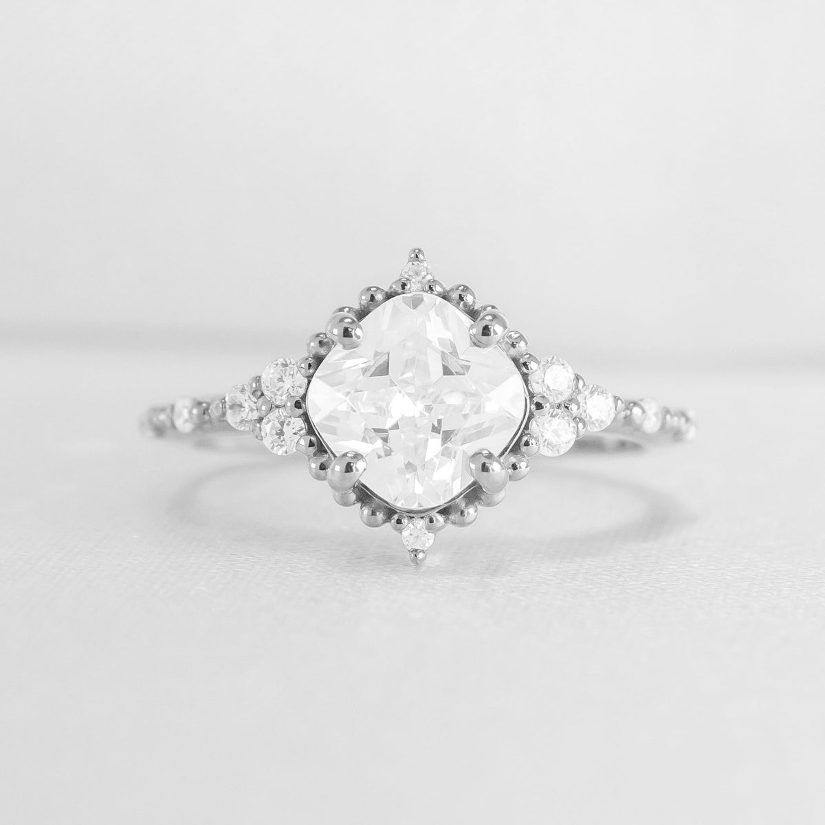 Shown in 2 Carat Diamond*The Galaeth Cluster Diamond Engagement Ring with cushion cut diamond in platinum from front by Lisa Robin#color_platinum