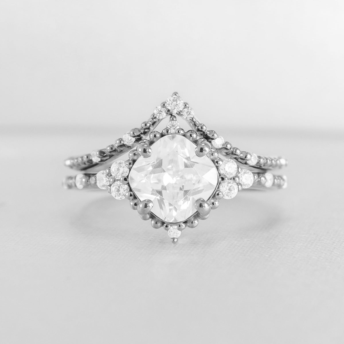 Shown in 2 Carat Diamond*The Galaeth Cluster Diamond Engagement Ring with cushion cut diamond in white gold with the Maeve curved lab diamond 14K white gold wedding band by Lisa Robin#color_14k-white-gold